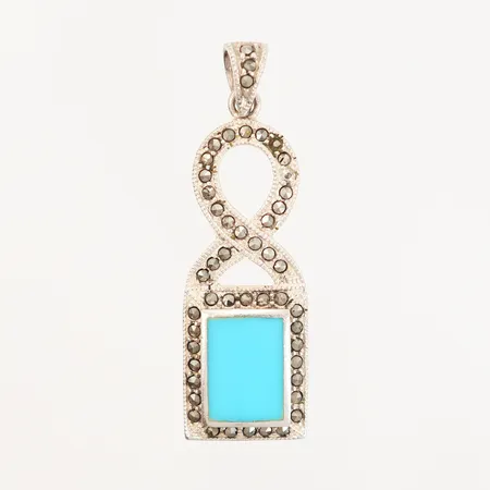 Hänge med markasiter, turkos emalj, höjd 50mm, bredd:15mm, en sten saknas, 925/1000 Silver. Vikt: 6,8 g