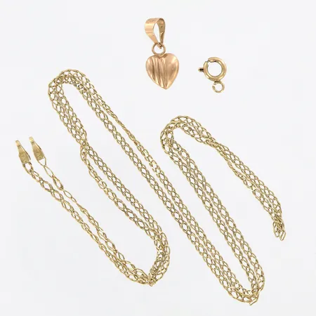 1 kedja, 1 lås, 1 hänge, defekter, 14K.  Vikt: 2,7 g