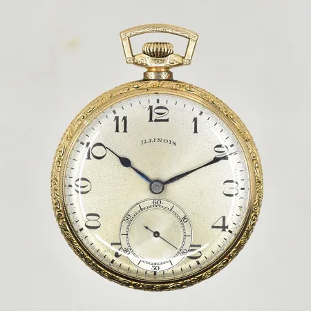 Fickur Illinois Watch Company, boett Ø48 mm, manuell, doublé, mönsterdekor, liten sekundvisare, fungerade vid testtillfället.