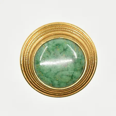 Brosch med grön sten, Kalevala Koru, Finland, ca Ø32 mm, nål i metall, brons.