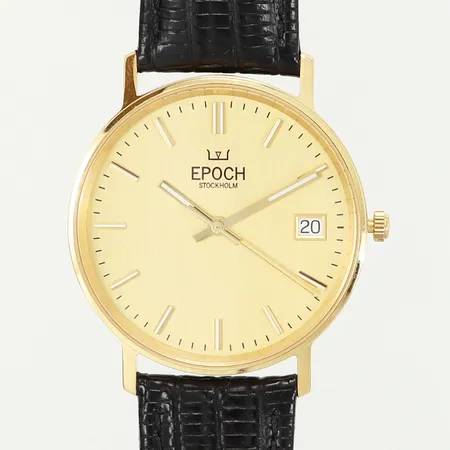 Armbandsur Epoch Stockholm 18K, quartz, Ø34mm, nr:EP4002, datum, sekundvisare, original läderband 24cm, folder/garanti, oanvänd, bruttovikt 31,0 gram, etui.