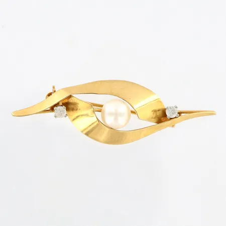 Brosch pärla Ø6mm vita stenar, 45x15mm, 18K.  Vikt: 2,9 g