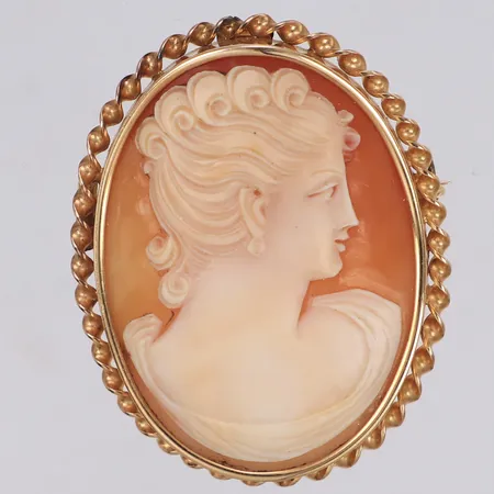 Hänge/brosch med camé, längd 50,5mm, bredd 35,5mm, Stockholm, 18K  Vikt: 13,3 g