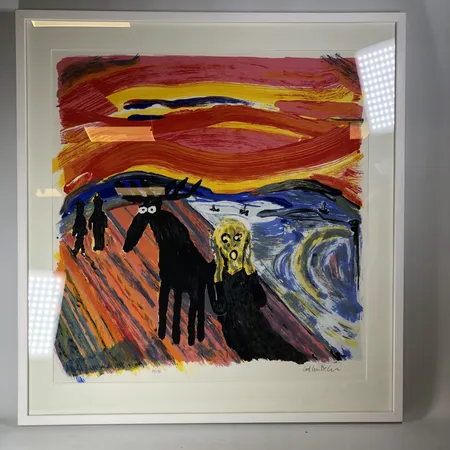 Färgserigrafi Carl-Johan de Geer (född 1938) "Skriet 5 - fritt efter Edvard Munch" signerad och numrerad 10/150 bildstorlek ca 55x51cm