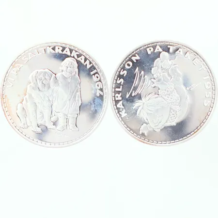 2 Silvermynt Astrid Lindgren 1907, Karlsson på taket, 1955, vi på saltkråkan 1964 27gr st,  999/1000 Vikt: 54 g