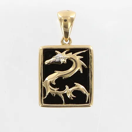 Hänge diamant ca 0,01ct onyx, drake, 18x11mm, GHA, 18K. Bruttovikt: 3,1gram.  Vikt: 3,1 g