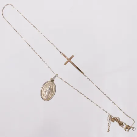 Collier integrerat kors och hänge Jungfru Maria i silver, knutar, 9K  Vikt: 2,3 g