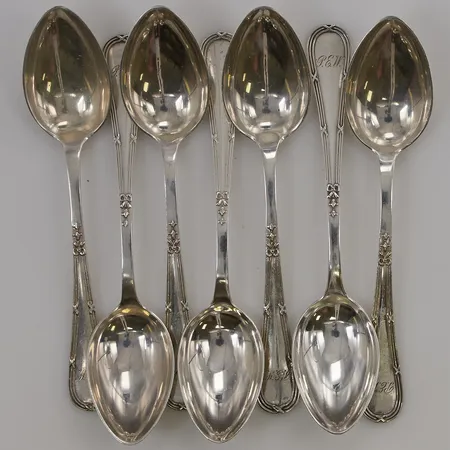 7 Kaffeskedar, 12cm, gravyr, 830/1000 Silver 111,3g.