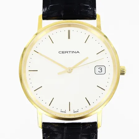 Herrur Certina 18K, quartz, Ø33mm, vit urtavla, datum, sekundvisare, ref nr 158928968, svart original läderband, i behov av batteribyte, gravyr, manual, box, ytterkartong.