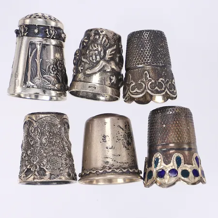 6 Fingerborgar delvis med emalj silver 925/1000 Vikt: 48,1 g