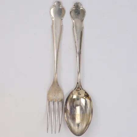 1 Gaffel, 1 Sked, längd 18cm, modell Disa, Markströms, bucklor, 830/1000 silver Vikt: 75 g