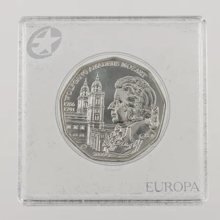 Mynt 5 Euros Wolfgang Amadeus Mozart, Ø28,5mm, präglat år 2006, plastetui, 800/1000 silver, 10,0g.