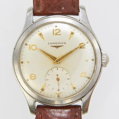 Herrur Logines, stål, manuell, 35mm, ref 6263, snr 9451249, cal.12.68Z, mineralglas, liten sekundvisare, brunt läderband ej original, repig boett, mindre fläckar på urtavla, inga tillbehör. 