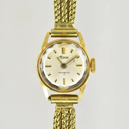 Damur Mirona 18K, boett Ø16 mm, manuell, boettnr 232050, defekt/går ej, armband i doublé, bruttovikt 14,8g