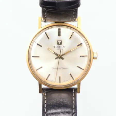 Herrur Tissot Seastar seven mekanisk Ø33, gravyr, läderband, box, 18k 
