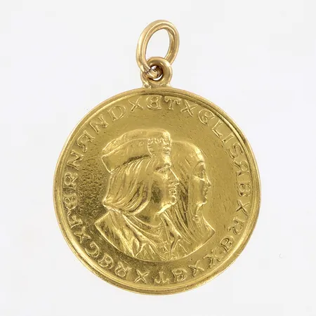 Hänge 29mm, mynt Ø22mm, 500th anniversary of Columbus discovery of America , skev/öppen ögla, 21K.  Vikt: 7,8 g