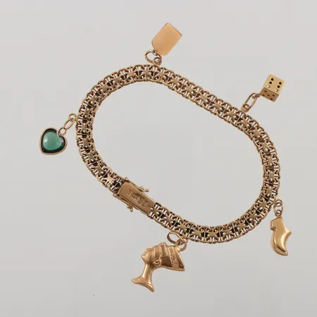 Armband x-länk med stav, 19cm, bredd: 6mm, fem berlocker, 18K, 15,9g.