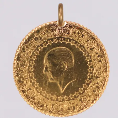 Hänge mynt Atatürk, längd 21,2mm, bredd 18mm, ögla i oädel metall, 21,6K Vikt: 1,8 g