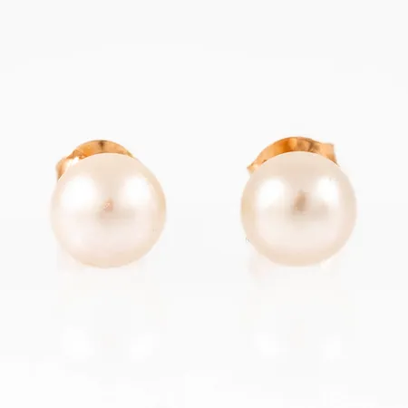 Örhängen i 18K guld med odlade vita pärlor Ø 6,5 mm (knappform). Vikt: 1,2g. 