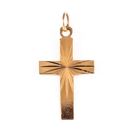 Hänge Kors i 18K guld. Det är 12 mm brett, 23 mm långt inkl. ögla och väger 0,6g. 
