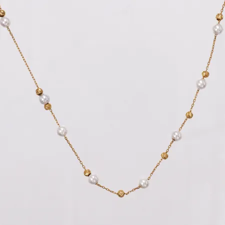 Collier plastpärlor kulor, ca 43cm, rörliga kulor, knut, 21K  Vikt: 3,7 g