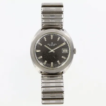 Herrur Svalan Edox, automatisk, stål, Ø35mm, datum, repigt plexiglas, serienr: 200265, flexlänk i stål, behov av service