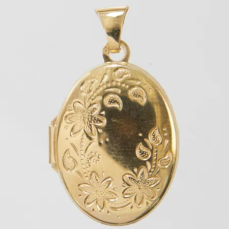 Hänge medaljong, längd ca 29mm inkl ögla, bredd 6,5mm, smärre repor, 18K Vikt: 2,6 g