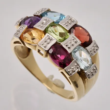 Ring i 18K guld, stl17½, bredd 1,9-11,5mm, Ametist, Citrin, Topas, Granat, Peridot, Rhodolit, Diamanter 10 x 0,003ct, tillverkad av Guldfynd, vikt 5,45g.