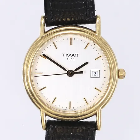 Danur Tissot Ø26mm quartz datum läderband tjänstegravyr boett i 18K Bruttovikt: 22g 