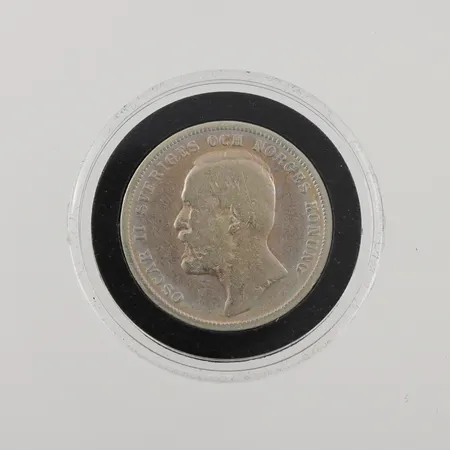 Mynt 1 Krona - Oscar II, Ø25mm, präglat år 1901, plastetui, certifikat från myntverket, 800/1000 silver, 7,5g.