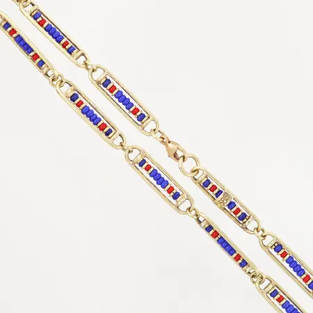 Collier med blå samt röda pärlor, 42cm, bredd: 5,5mm, 14K, Bruttovikt: 22,8 gram Vikt: 0 g