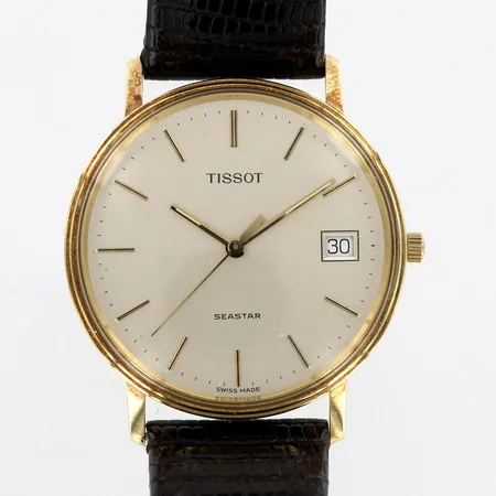 Herr Tissot Seastar Ø34mm, quartz, 14K i boett, läderband med originalspänne, graverad, etui