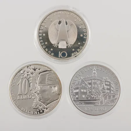 Tre mynt, 10 Euros, Belgien, Österrike samt Tyskland, präglade år 2002, Ø32mm, plastetuier, 925/1000 silver, 54,1g.