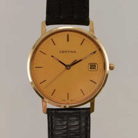 Herrur Certina 18K, 33,5mm, quartz, batteribyte krävs, monocoque, gravyr, läderband.