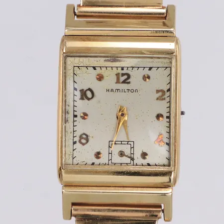 Herrur, Hamilton, 23,5x28mm, 14K, defekt, krona saknas, länk i 14K, inga tillbehör, brv: 67,7g