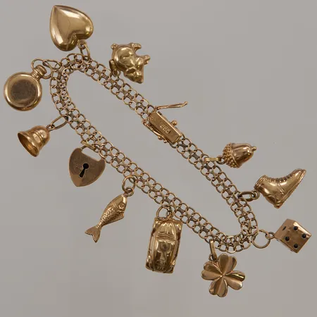 Armband x-länk, 17,7cm, bredd:5mm, berlocker, 14K 14,8g.