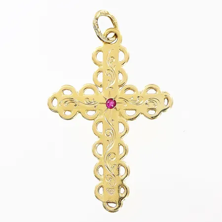 Hänge kors, röd sten, genombruten dekor, 26x42mm, 18K Vikt: 4 g