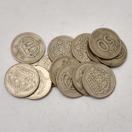 13st svenska mynt i silver, 50ören, 400/1000, vikt 62g.