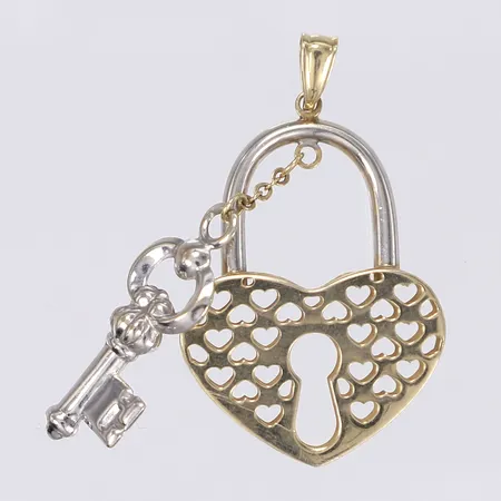 Hänge i form av hänglås med nyckel höjd ca 42mm inkl öglan tvåfärgat 14K Vikt: 3,9 g