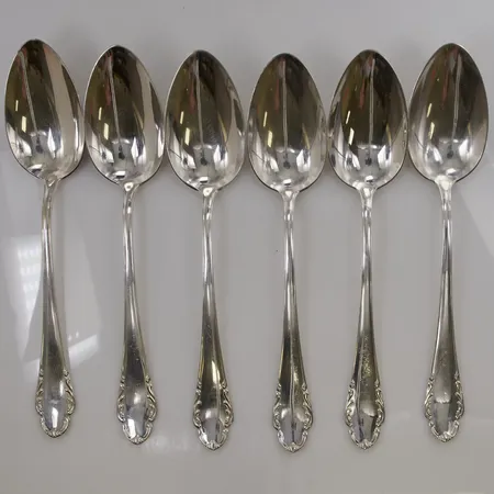 6 Matskedar, 22cm, gravyr, 830/1000 Silver 344,7g.
