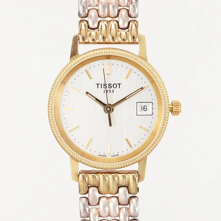 Armbandsur Tissot 1915, Ø24mm, quartz, nr:H635330, stavindex, datumfönster, armband i metall med viklås, etui, gravyr, bruttovikt 51,31 gram, 18K 