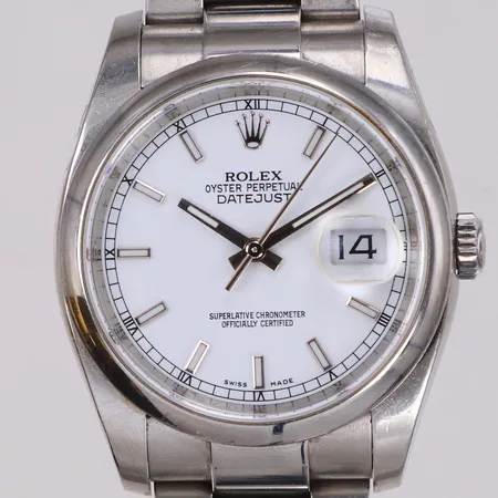 Herrur Rolex Datejust, 36mm, stål, vit urtavla, automatisk, ref 116200, serienr 74J06075, Cal. 3135, verknr 5W418705, datum, safirglas med micronagg kl 12, oysterlänk i stål med viklås, ca 14cm, tre extra länkbitar, manual, certifikat år 2015 Nymans Ur, tag, box, ytterkartong