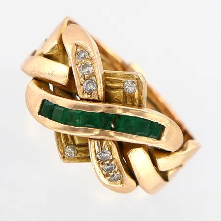 Pusselring diamanter 8 x ca 0,01ct gröna stenar stl 17½, bredd 5-12mm, 14K.  Vikt: 7,6 g