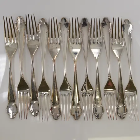12 Matgafflar, 17,5cm, MGAB, etui, 830/1000 Silver 441,8g.