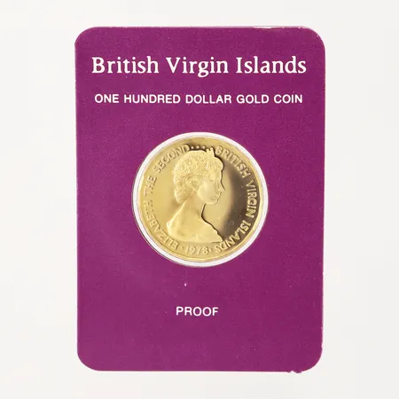 Mynt 100 dollar, British Virgin Island utgiven av Franklin Mint, obruten i etui, kartong, certifikat, 21,6K Vikt: 7,1 g