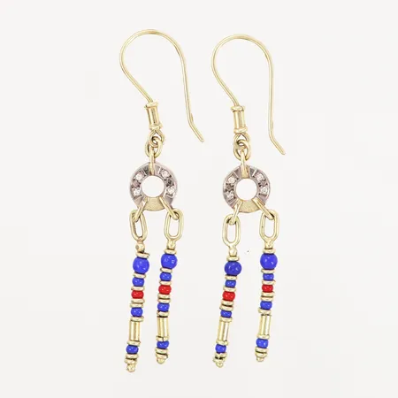 Ett par örhängen med röda och blå pärlor samt vita stenar, längd: 60mm, 14K, Bruttovikt: 7,1gram Vikt: 0 g