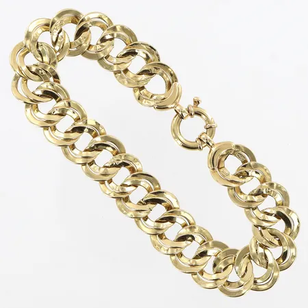 Armband mönster/slät dubbelsidig 19,5cm, bredd 13mm, ihålig, skevheter, GHA, 18K.  Vikt: 9,3 g
