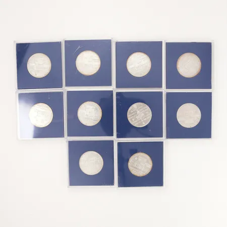 10 mynt, Ø32mm, i kassetter, silver 830/1000, vikt: 181,5 gram Vikt: 181,5 g