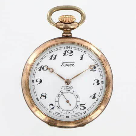Fickur Eweco, ca 50mm, manuell, liten sekundvisare, innerboett i metall, gravyr på innerboett, 830/1000 Silver, bruttovikt: 65,9 gram