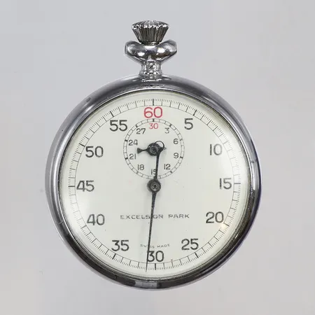 Stoppur Excelsior Park Ø50mm, stål, ca 1960-tal, defekt går ej, defekta visare 